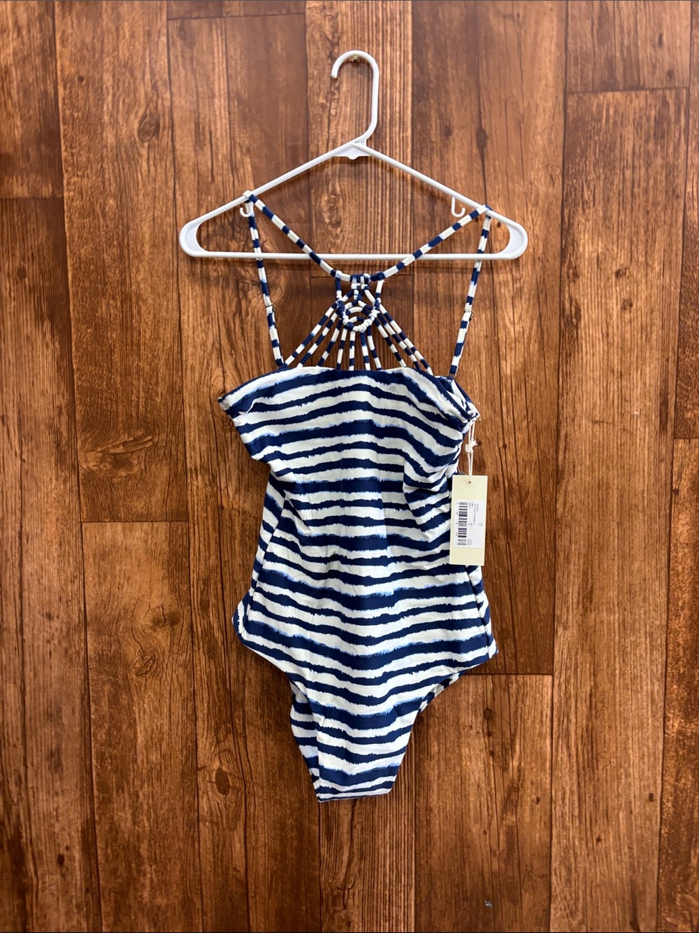 Tori Praver Navy & White Striped One-Piece Swimsuit